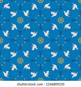 Maritime seamless pattern. Seagull nautical symbol. Freehand drawn cartoon sailing signs. Vector Seashore summer marine element. Template sea beach background for textile, packaging, print projects