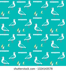 Maritime seamless pattern. Seagull nautical symbol. Hand drawn quirky cartoon style. Vector Seashore summer marine element. Sailing signs design background for fabric textile, packaging print projects