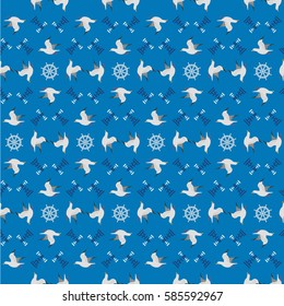 Maritime seamless pattern. Seagull nautical symbol. Freehand drawn cartoon sailing sign. Vector Seashore summer marine element. Template blue sea beach background for textile, packaging print projects