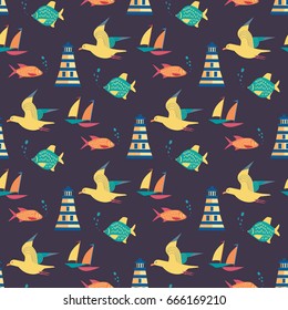 Maritime seamless pattern. Seagull nautical symbol. Freehand drawn cartoon style. Vector Seashore summer marine element. Template with sailing signs  background for textile, packaging print projects