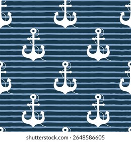Maritime seamless pattern with white anchors on a blue background with light blue stripes