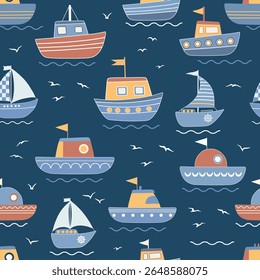 Maritime seamless pattern with white anchors on a blue background with light blue stripes