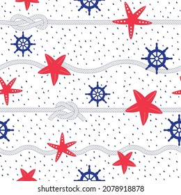 Nahtlose Wiederholung mit Seesterne, Seil und Lenkrad in Rot und Blau.Perfekt für Umhüllungs-, Textil- und Designprojekte, Vektorgrafik.