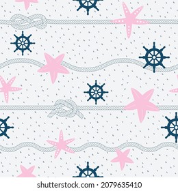 Maritime seamless repeat pattern with starfish, rope and steering wheel in pink and blue.Perfect for wrapping, textile and design projects, Vector illustration.