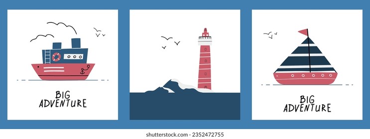 Maritime set of Colorful marine cards with liner, lighthouse, yacht and lettering. Unique cup or bag design, house poster or baner, greeting card illustration. Vector card series. EPS 10. 