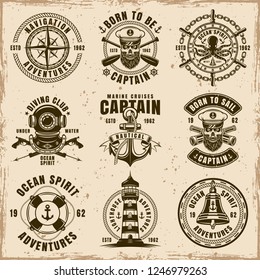 Maritime set of nine vector emblems, labels, badges or t shirt prints in vintage style on dirty background with stains and grunge textures