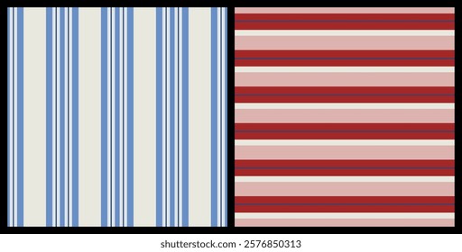 Maritime set of striped seamless repeat pattern in red and blue. Bundle of vertical and horizontal nautical lines aop, all over surface prints.