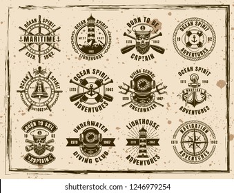 Maritime set of twelve vector emblems, labels, badges and prints in vintage style on dirty background with stains and grunge textures