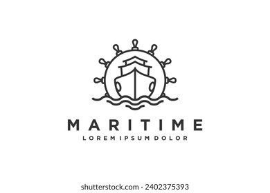 Maritime ship logo design steering wheel shape with water ocean wave element line style.