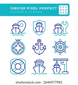 Maritime shipping industry pixel perfect two color line icons set. Transporting cargoes by sea. Delivery industry bicolor outline iconset isolated. Duotone pictograms thin linear. Editable stroke