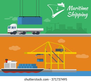 Maritime shipping - vector banner. Container ship at freight port terminal. Truck delivery of container.