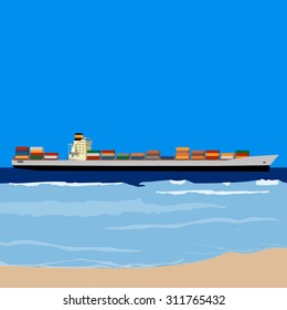 Maritime shipping. Vector illustration of cargo ship full with containers on seascape background