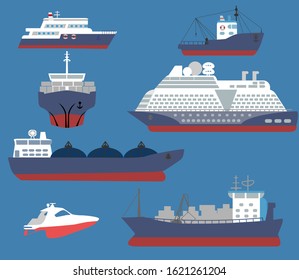 Maritime ships flat. Water carriage, vessels boats yacht ship battleship warship large vessel and speedboat. Sea cargo dock vector set