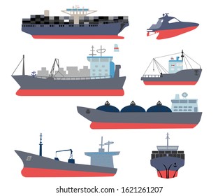 Maritime ships flat. Water carriage, vessels boats yacht ship battleship warship large vessel and speedboat. Sea cargo dock vector set