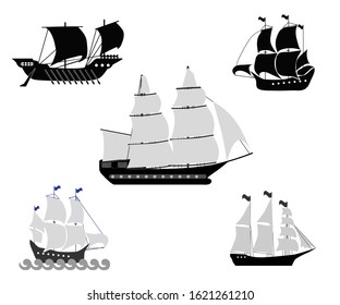 Maritime ships flat. Water carriage, vessels boats yacht ship battleship warship large vessel and speedboat. Sea cargo dock vector set