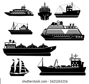 Maritime ships flat. Water carriage, vessels boats yacht ship battleship warship large vessel and speedboat. Sea cargo dock vector set