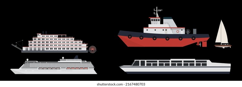 Maritime ships flat. Water carriage, vessels boats yacht ship battleship warship large vessel. Sea cargo dock vector set