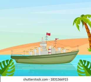 Maritime ships at sea, battleship near tropical beach with palm. Water transportation tourism transport cartoon vector illustration