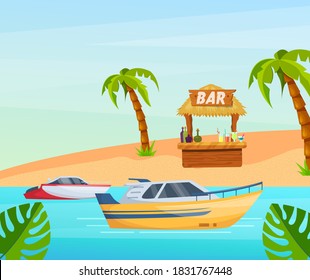 Maritime ships at sea, boat near tropical beach with palm. Water transportation tourism transport cartoon vector illustration