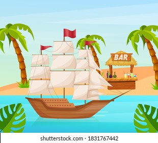 Maritime ships at sea, brigantine ship near tropical beach with palm. Water transportation tourism transport cartoon vector illustration