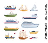 Maritime ships at sea, shipping boats, sailboat, yacht sailing, cargo cruise ship, steamship, vessel, frigate with sails, battleship, tanker. Water transportation boat tourism transport cartoon vector