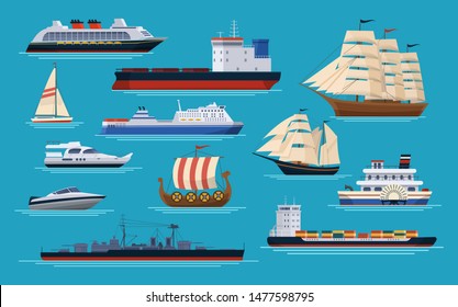 Maritime ships at sea, shipping boats, ocean transport. Marine carriage sea cargo via boat brigantine steamboat container ship dragcar battleship ferry boat tanker yacht cruise liner vector set