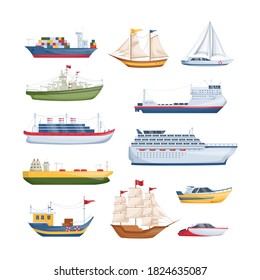 Maritime ships at sea, shipping boats, sailboat, yacht sailing, cargo cruise ship, steamship, vessel, frigate with sails, battleship, tanker. Water transportation boat tourism transport cartoon vector