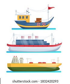 Maritime ships at sea, shipping boats, cargo cruise ship, steamship, vessel, battleship, tanker. Water transportation boat tourism transport cartoon vector