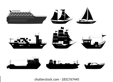 Silueta de buques marítimos, barcos de navegación marítima, velero, velero, crucero de carga, buque de vapor, buque, fragata con velas, buque de guerra, buque cisterna. Vector de transporte marítimo de agua