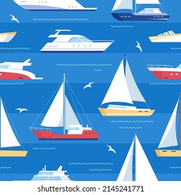 Maritime ships. Vector seamless pattern of ship at sea, sailboats, speedboat, yacht, sailboat, cruiser. Water ocean transport boat in flat style. Sea marine travel background for fabric and textile