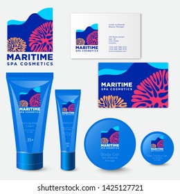 Maritime Spa Cosmetic Packaging. Maritime Spa Cosmetic logo. Tubes and Jars With  Branding.