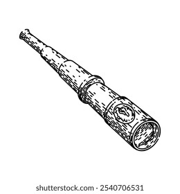 Telescopio náutico, clásico de latón, boceto de Vector de spyglass marítimo de navegación del explorador. ilustración negra aislada