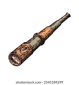 Telescopio náutico, clásico de latón, boceto de Vector de spyglass marítimo de navegación del explorador. ilustración a color aislada