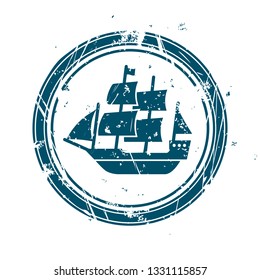 Maritime stamp with vintage sail ship silhouette vector illustration
