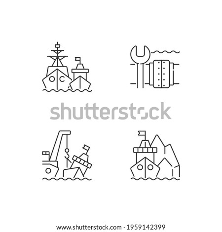 Maritime structures and regulation linear icons set. Military force unit. Underwater pipeline repair. Customizable thin line contour symbols. Isolated vector outline illustrations. Editable stroke