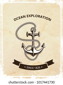 Maritime symbols logo - anchor with rope and with black ribbon for text. Vector illustration