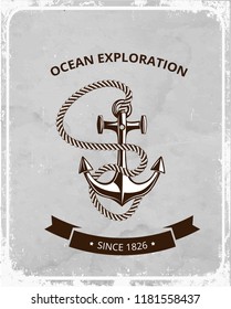 Maritime symbols logo on a retro grunge background, anchor with rope and a banner with place for text. Vector illustration