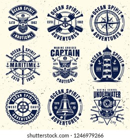 Maritime thematic set of nine vector emblems, labels, badges or logos. Vector illustration on separate layer with removable grunge textures