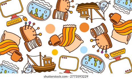 Maritime themed seamless design featuring old boats sewing thread and cozy items