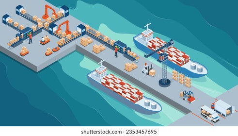 Maritime transport logistics with Steel Container Loading on Industrial Ship by Crane and Warehouse Work Process. vector illustration eps10