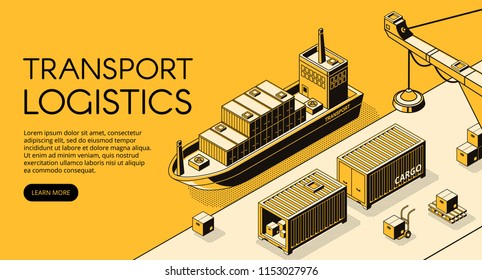 Maritime transport logistics vector illustration of thin line art in black isometric halftone. Ship cargo delivery or boat shipping containers and parcel boxes with loader crane on yellow background