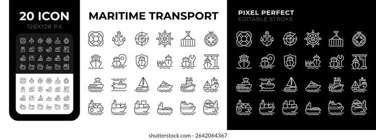 Maritime transport pixel perfect black and white line icons set. Transporting goods via sea routes. Shipping by watercraft. Outline iconset. Isolated monochrome illustrations. Editable stroke