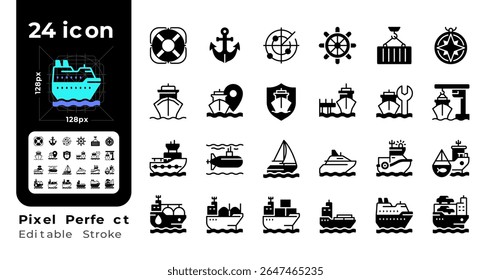 Maritime transport pixel perfect glyphs iconset on negative space. Transporting goods via sea routes. Shipping by watercraft. Silhouettes symbols. Solid icons set. Vector isolated illustration