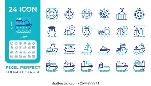 Maritime transport pixel perfect two color line icons set. Transporting goods via sea routes. Shipping by watercraft bicolor outline iconset isolated. Duotone pictograms thin linear. Editable stroke