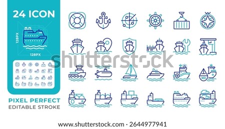 Maritime transport pixel perfect two color line icons set. Transporting goods via sea routes. Shipping by watercraft bicolor outline iconset isolated. Duotone pictograms thin linear. Editable stroke