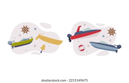 Maritime transport set. Modern motorboat, powerboat and wooden boat cartoon vector illustration