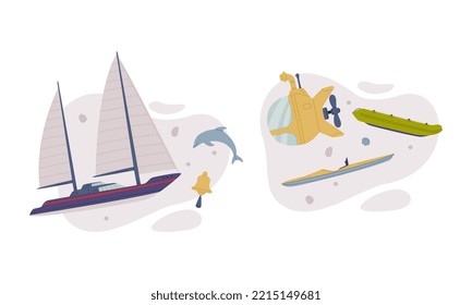 Maritime transport set. Sailboat, submarine, catamaran and raft cartoon vector illustration