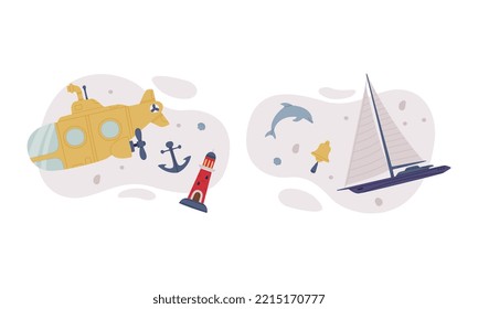 Maritime transport set. Sailboat and submarine cartoon vector illustration