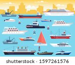 Maritime transport. Shipping dock with big sea or ocean vessel and sail boat, yacht and travel motor cruiser in harbour vector set