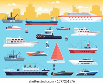 Maritime transport. Shipping dock with big sea or ocean vessel and sail boat, yacht and travel motor cruiser in harbour vector set